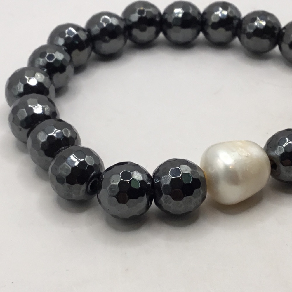 Opaque Hematite Faceted Czech Glass with Glass Pearl Bracelet